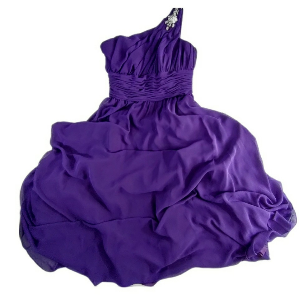 MoriLee Madeline Gardner Jeweled One Shoulder Purple Empire Waist Evening Gown 8